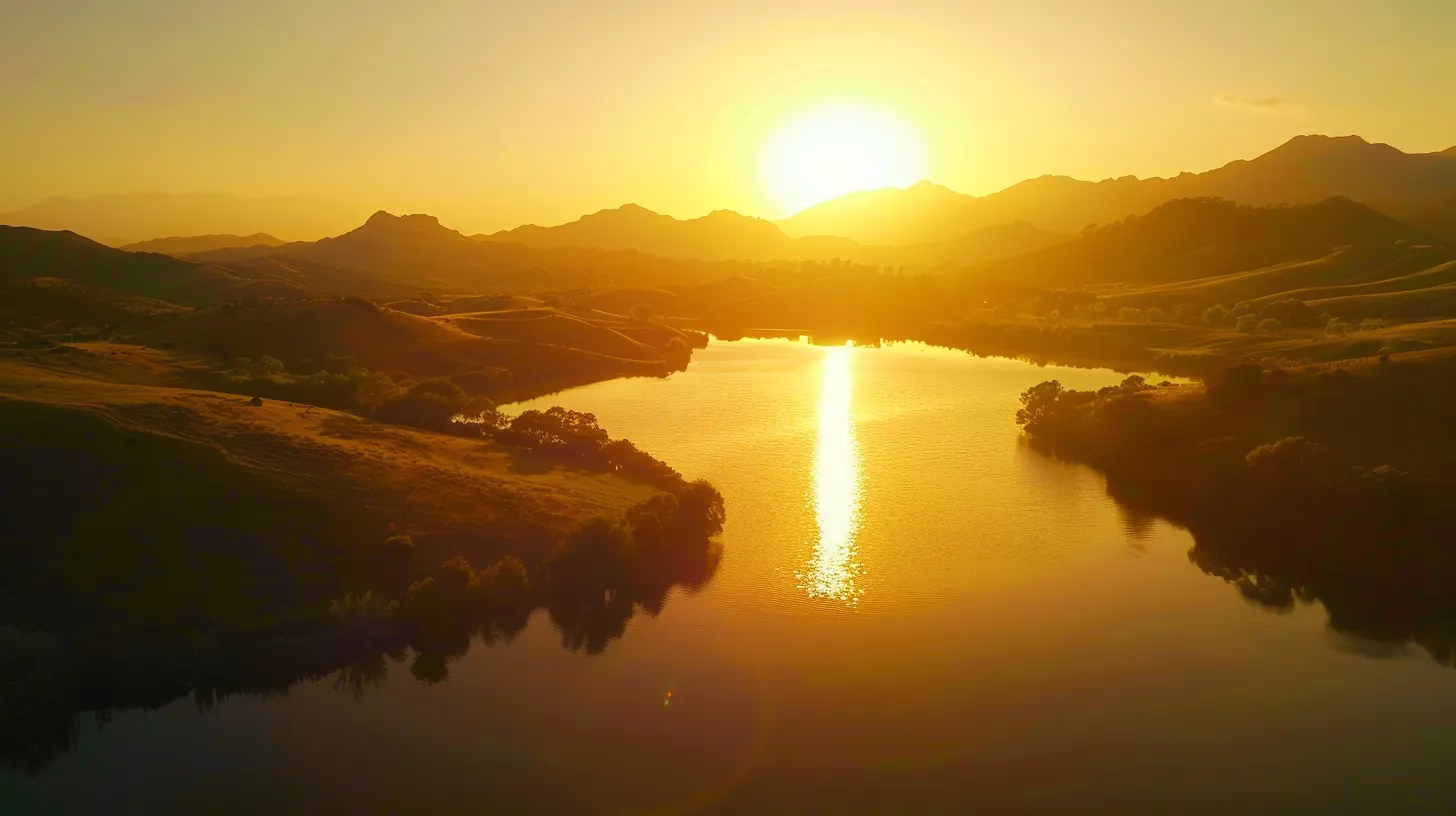 How to Position an Inside Water Fountain Effectively 6 a vibrant sunset casts a warm golden glow over a serene lake, surrounded by lush greenery and silhouetted mountains in the distance.
