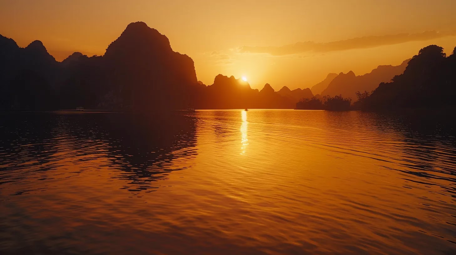 How an Interior Fountain Enhances Home Design 3 a vibrant sunset casts a warm glow over a tranquil lake, with silhouettes of majestic mountains framing the horizon, creating a serene and breathtaking landscape.