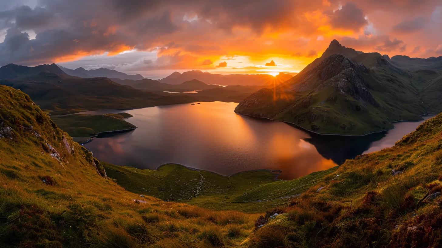 Ways to Feature Indoor Lighting for Stunning Effects 5 a vibrant sunset casts a golden glow over a serene lake, reflecting the fiery sky and surrounded by lush, green mountains, evoking tranquility and natural beauty.