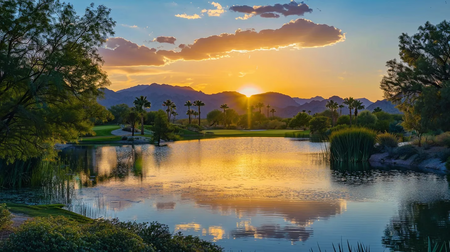 Slate Water Feature Maintenance Tips for Homeowners 6 a vibrant sunset casts a warm golden glow over a tranquil lake, reflecting the colors of the sky while lush trees frame the scene in serene harmony.