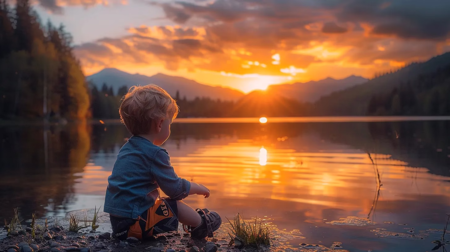 Explore Local Parks With Stunning Fountains Nearby 2 a vibrant sunset casts a golden hue over a peaceful lake, with majestic mountains reflected on the water's surface, creating a serene and breathtaking landscape.