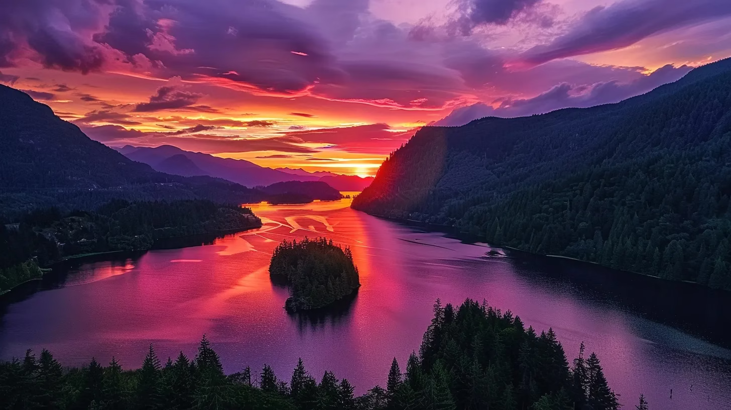 The Art of Building a Natural Rock Wall 6 a vibrant sunset casts a golden glow over a tranquil lake, reflecting the brilliant hues of orange, pink, and purple in the sky, surrounded by lush green forests.