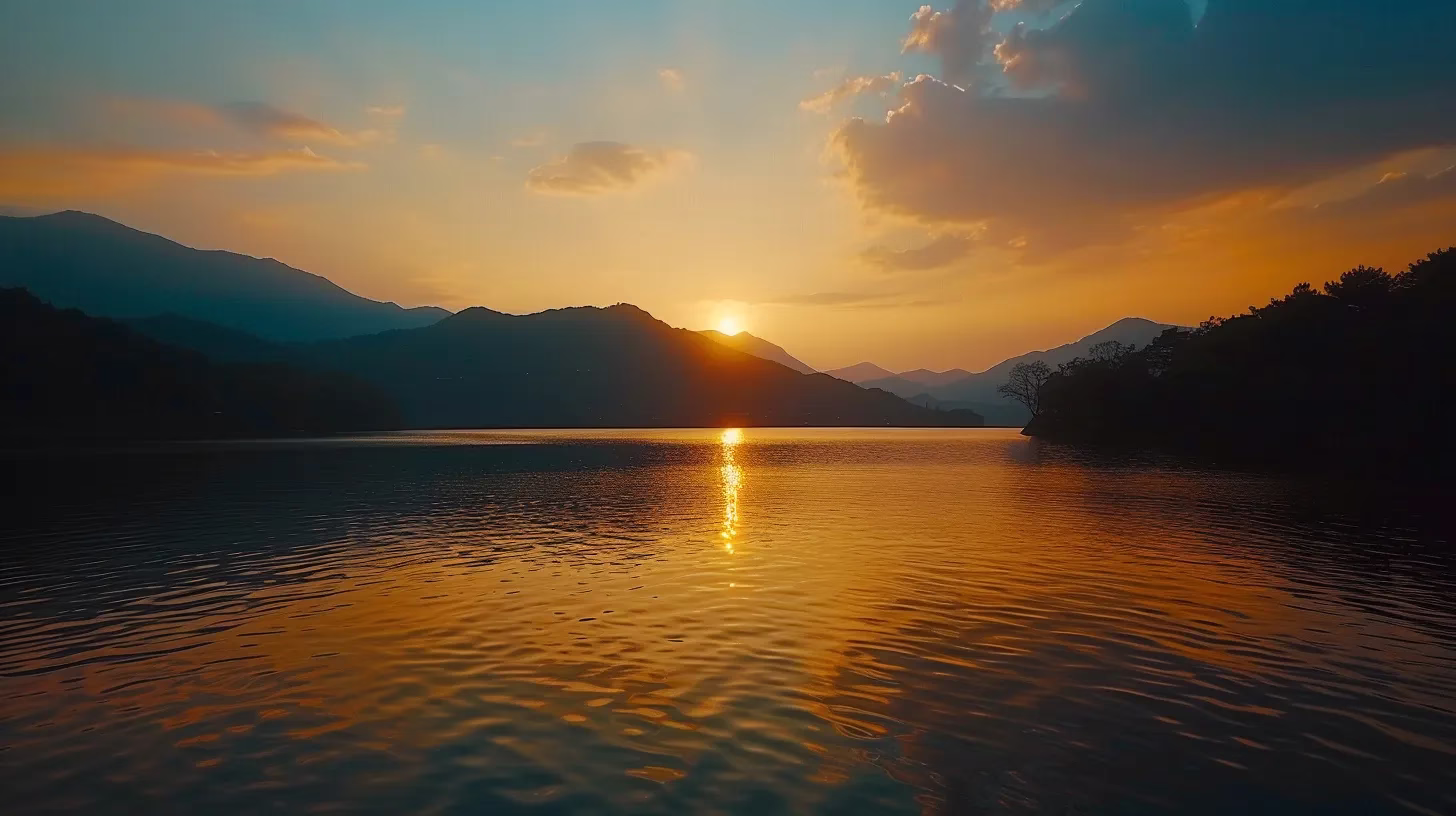 Seasonal Pool Water Care for Optimal Results 1 a vibrant sunset casts a warm golden hue over a tranquil lake, with silhouettes of majestic mountains reflecting on the water's surface, creating a serene and picturesque scene.