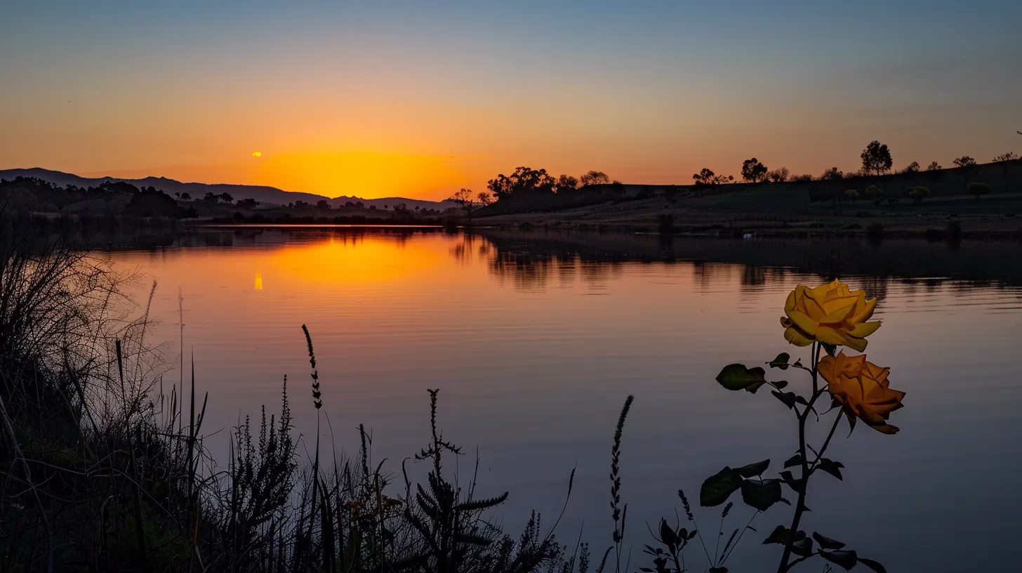 Transform Your Space With an Outdoor Bubble Experience 3 a vibrant sunset casts a golden glow over a tranquil lake, reflecting the silhouettes of majestic mountains in the distance.