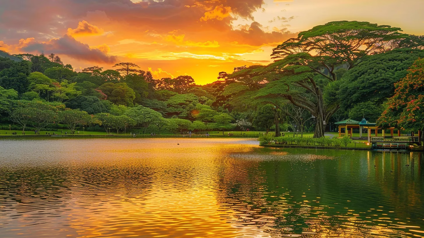 Create Privacy and Beauty With an Elegant Garden Wall 3 a vibrant sunset casts a golden hue over a tranquil lake, where colorful reflections dance on the water's surface amidst lush, green banks.