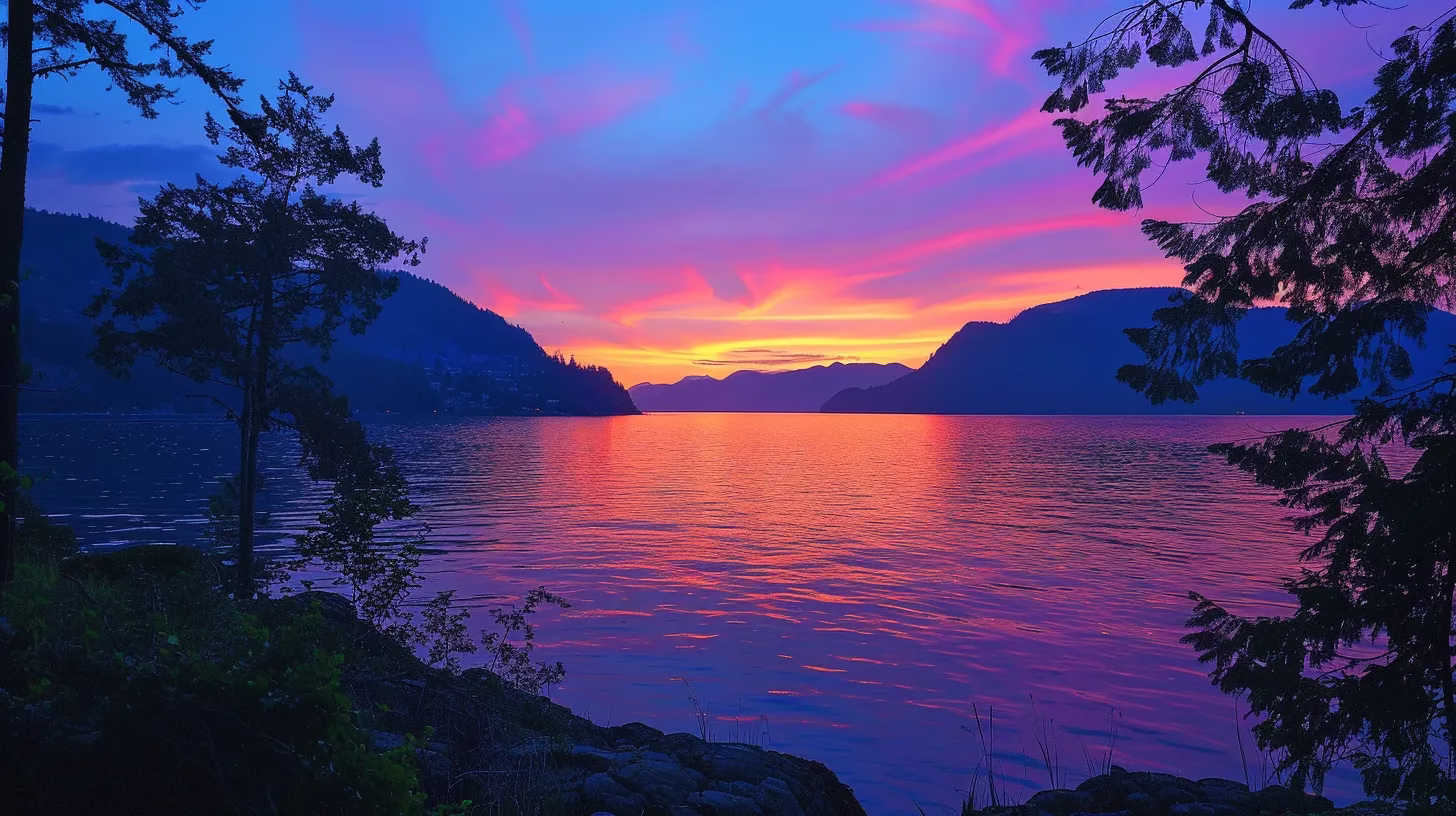 Designing a Rain Wall: Tips and Inspiration 2 a vibrant sunset casts a golden glow over a tranquil lake, reflecting the dazzling colors of orange, pink, and purple, while silhouetted trees frame the serene water's edge.