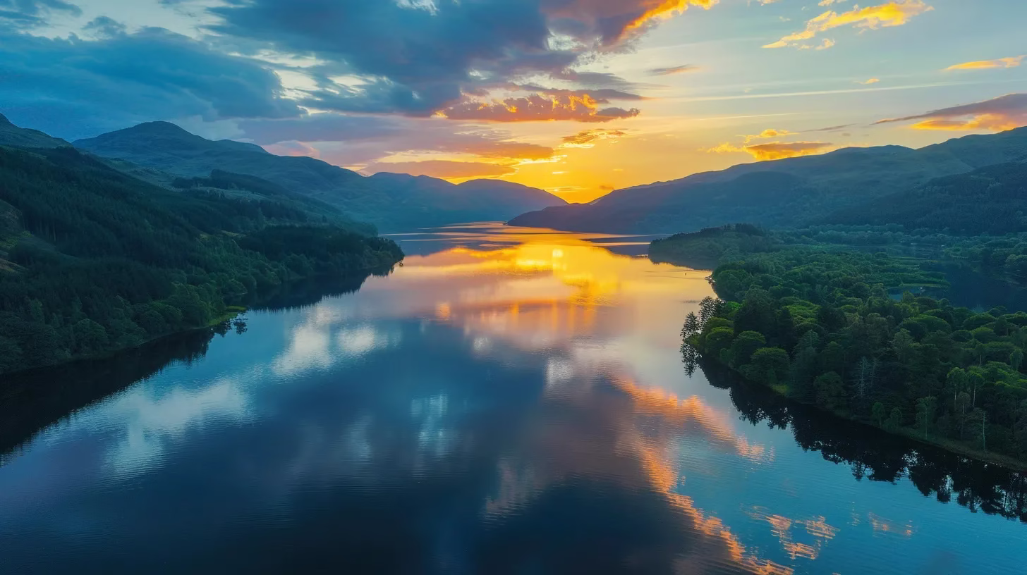 Transform Your Yard With a Stone Water Fountain 5 a vibrant sunset casts a warm golden glow over a serene lake, reflecting the colorful hues of the sky and surrounding lush greenery in striking clarity.