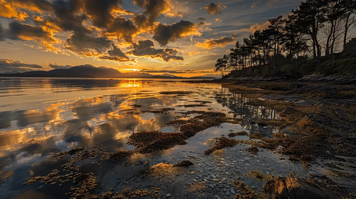 Benefits of Installing a Metal Water Feature Outdoors 1 a vibrant sunset casts a golden glow over a serene lake, where the still waters perfectly reflect the dramatic clouds and silhouetted trees along the shore.