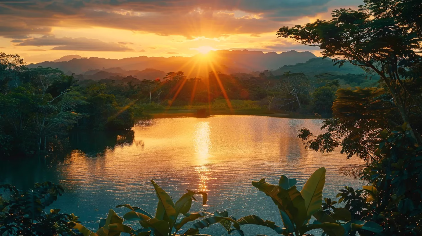 Indoor Tabletop Arrangement Ideas to Inspire You 6 a vibrant sunset casts a warm, golden glow over a tranquil lake, reflecting the brilliant hues of orange and pink in the sky, surrounded by lush green trees and distant mountains.