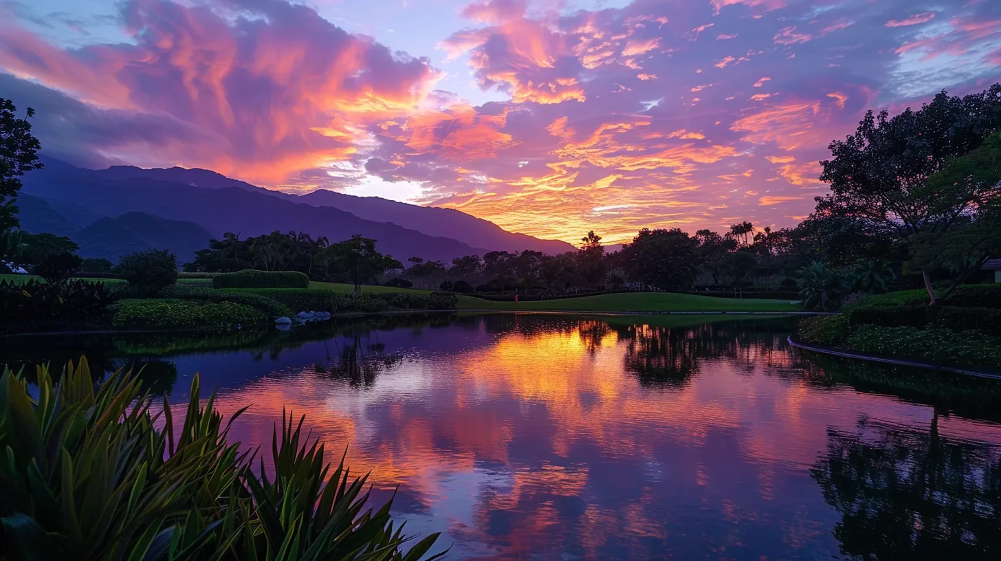 Creating Calm: The Benefits of a Desk Waterfall 1 a vibrant sunset casts a warm glow over a serene lake, reflecting the brilliant hues of oranges and purples in the sky, surrounded by lush greenery and distant mountains.