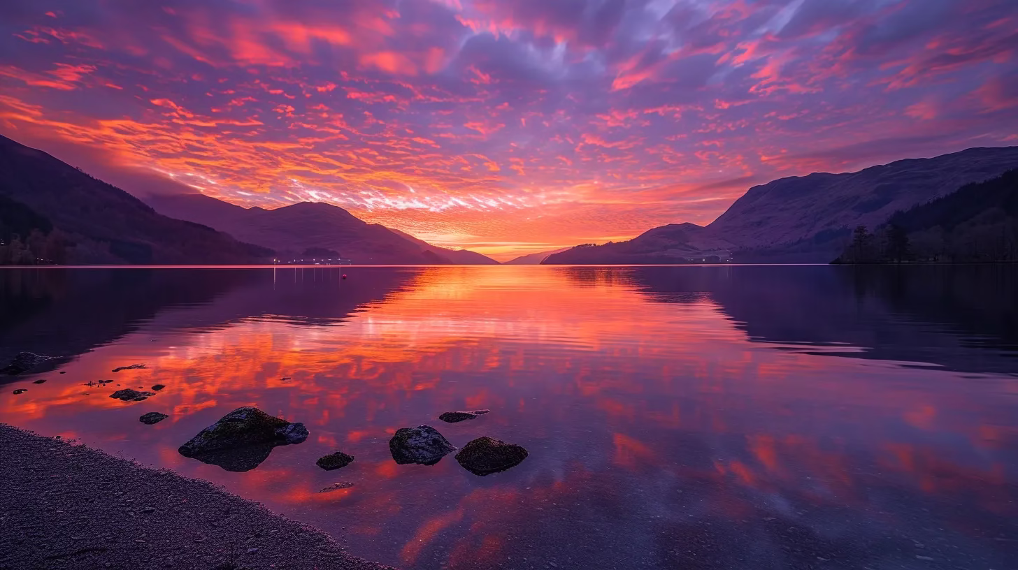 Stunning Landscape Water Features to Elevate Your Yard 3 a vibrant sunset casts a warm glow over a tranquil lake, where delicate ripples reflect the fiery hues of orange and purple sky, creating a serene and captivating atmosphere.