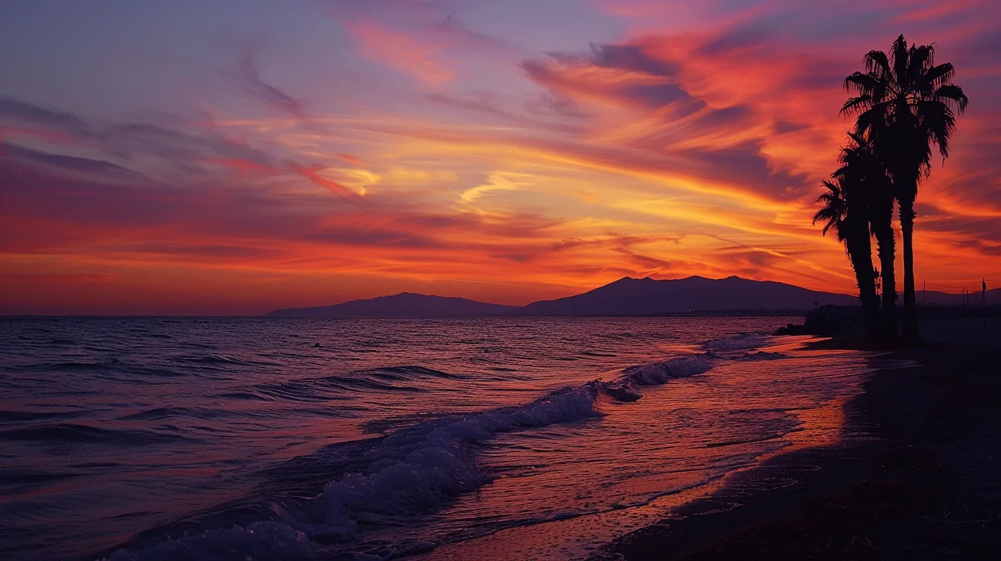 Transform Your Space With a Stunning Fall Water Feature 1 a vibrant sunset casts a warm golden glow over a tranquil seaside landscape, where gentle waves kiss the shore and silhouetted palm trees sway against the colorful sky.