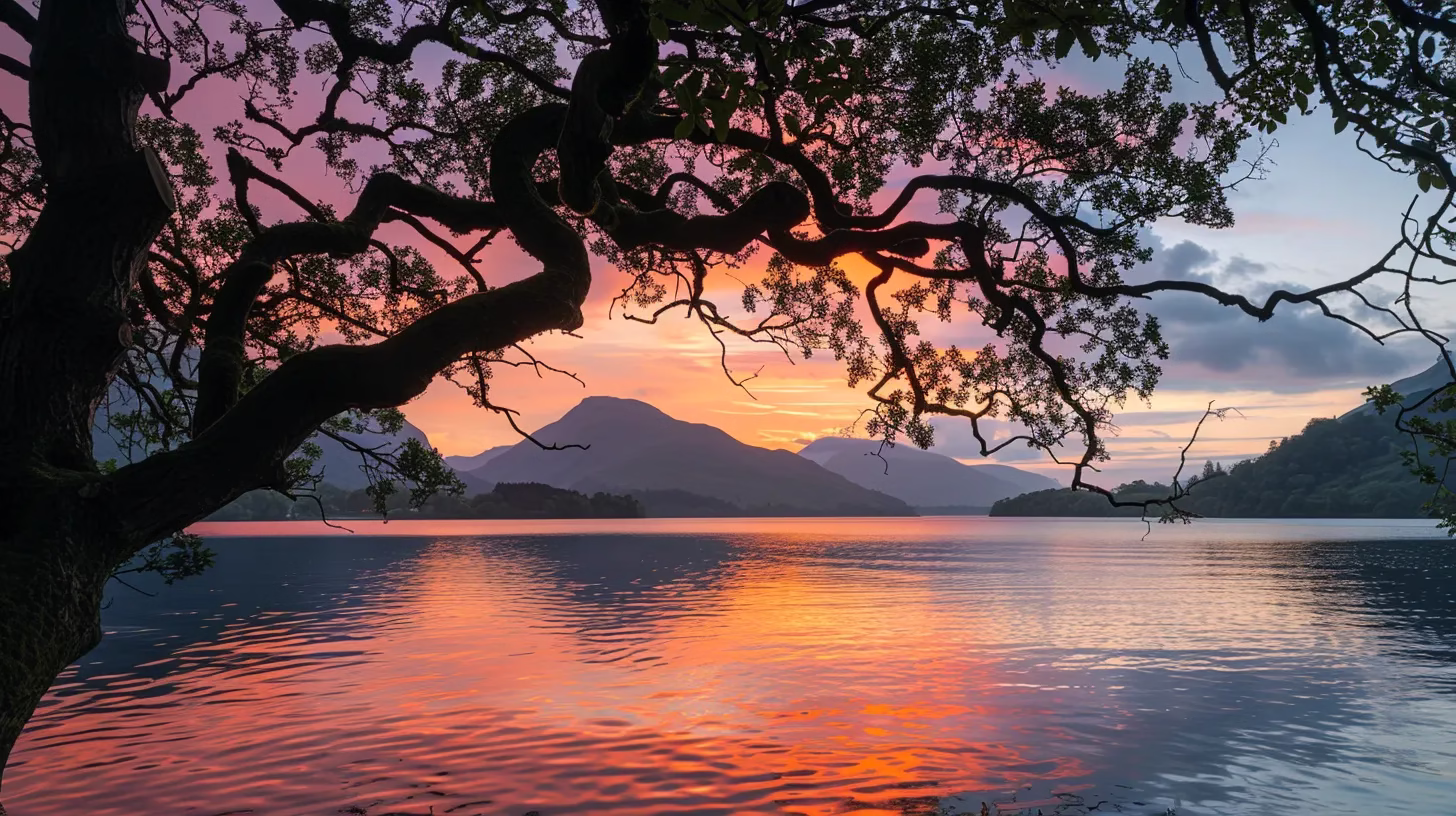 Creative Fountain Small Ideas for Your Backyard Oasis 2 a vibrant sunset casts a warm glow over a tranquil lake, reflecting the rich hues of orange and pink sky while silhouetted trees frame the serene waters, evoking a sense of peace and natural beauty.