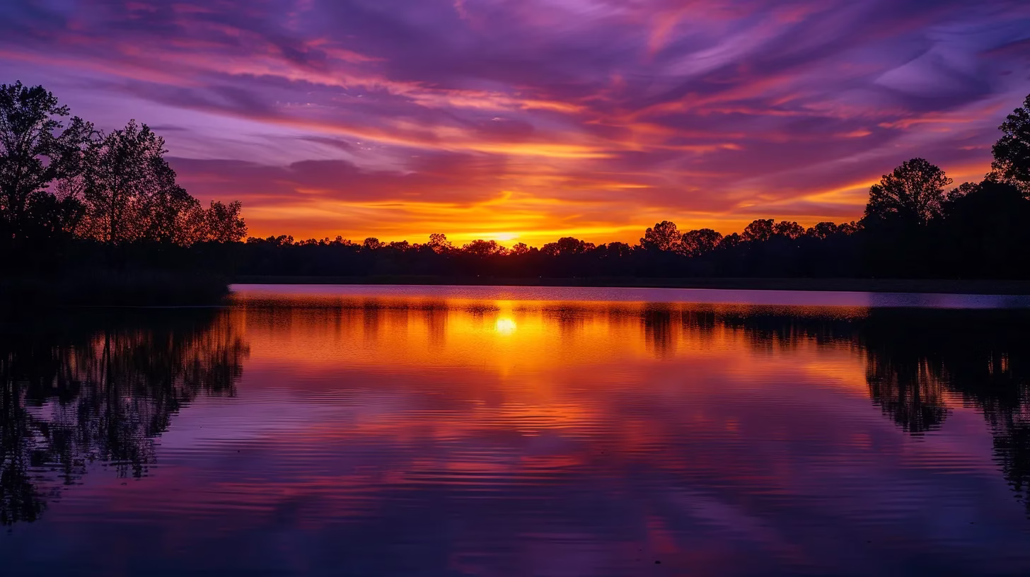 Creative Solutions for Excess Patio Water Problems 4 a vibrant sunset casts a warm glow over a tranquil lake, reflecting the rich hues of orange and purple in the sky, with silhouetted trees framing the serene water.