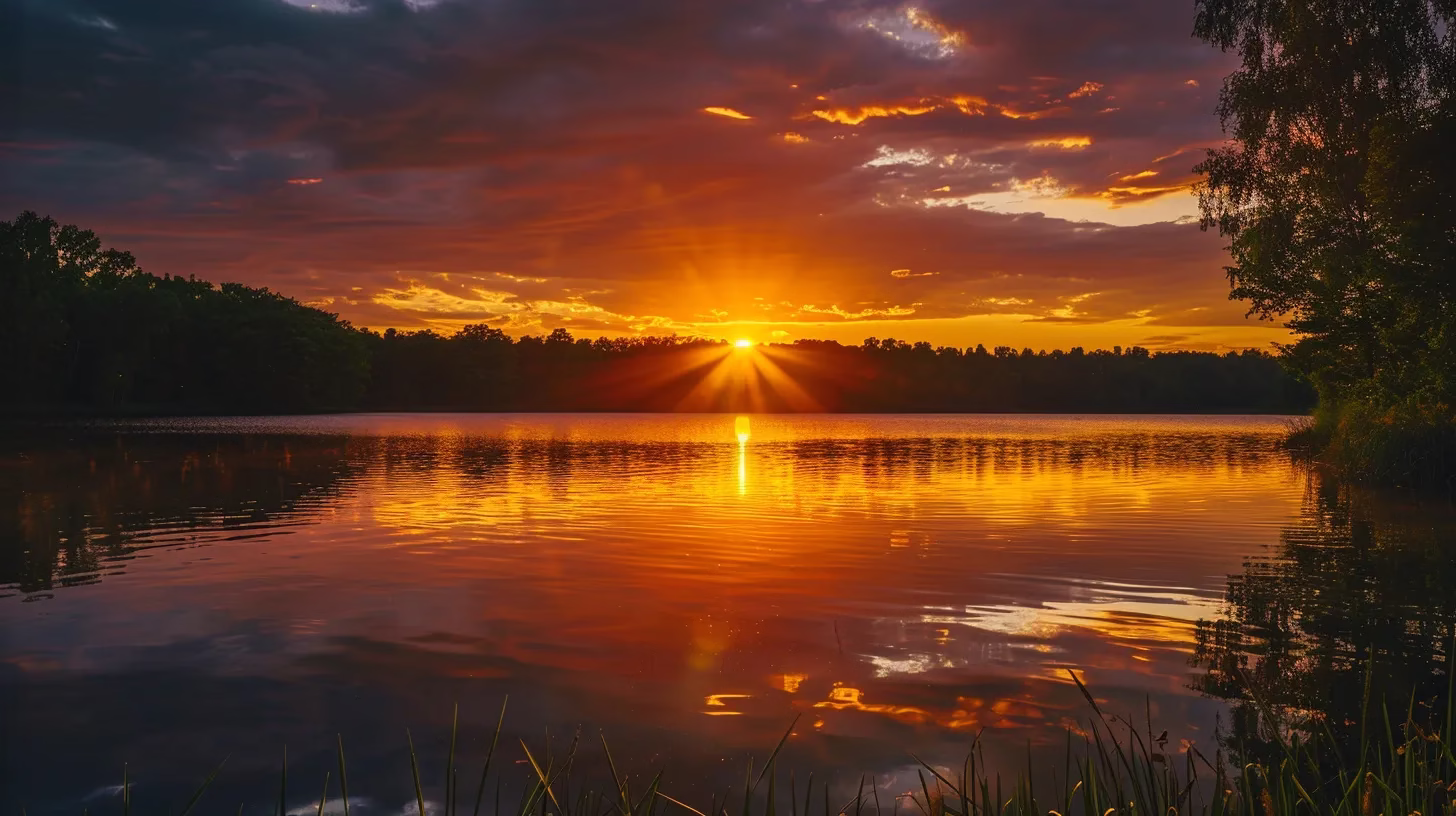 How LED Water Transforms Hydration Experiences 4 a vibrant sunset casts a golden glow over a tranquil lake, reflecting the fiery colors of the sky while silhouetted trees frame the serene landscape.