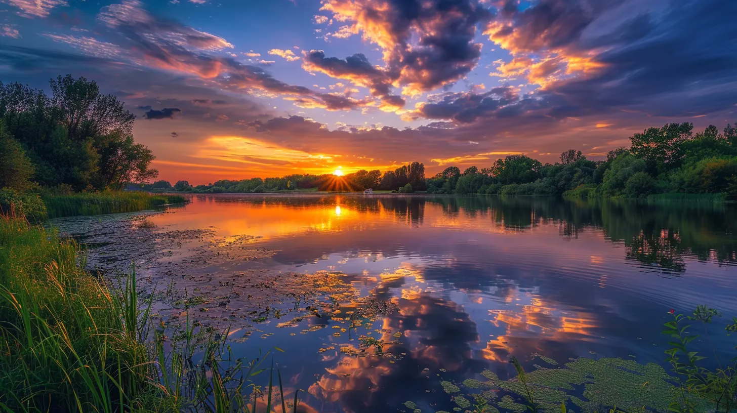 Transform Your Space With an Outdoor Bubble Experience 2 a vibrant sunset casts a golden glow over a tranquil lake, reflecting the colorful sky and surrounded by lush greenery, creating a serene and picturesque landscape.