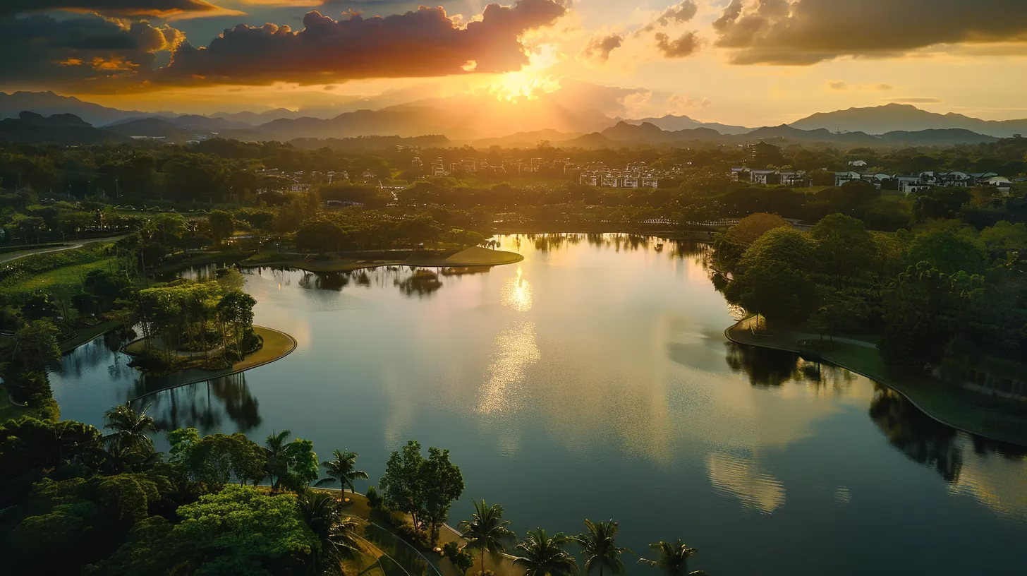 Elements to Consider for a Custom Hanging Water Feature 4 a vibrant sunset casts a golden hue over a tranquil lake, reflecting the fiery sky and surrounded by lush greenery, evoking a sense of peace and serenity.