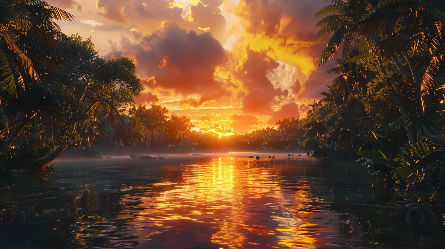 Benefits of Installing a Metal Water Feature Outdoors 2 a vibrant sunset casts an ethereal glow over a tranquil lake, reflecting the fiery colors of the sky while surrounded by lush, verdant trees.