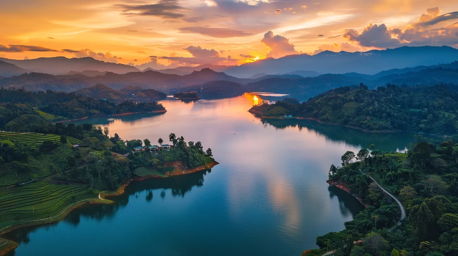 The Art of Building a Natural Rock Wall 3 a vibrant sunset casts brilliant orange and pink hues across a serene lake, reflecting the dramatic clouds above and surrounded by lush, green mountains, creating a tranquil and picturesque landscape.