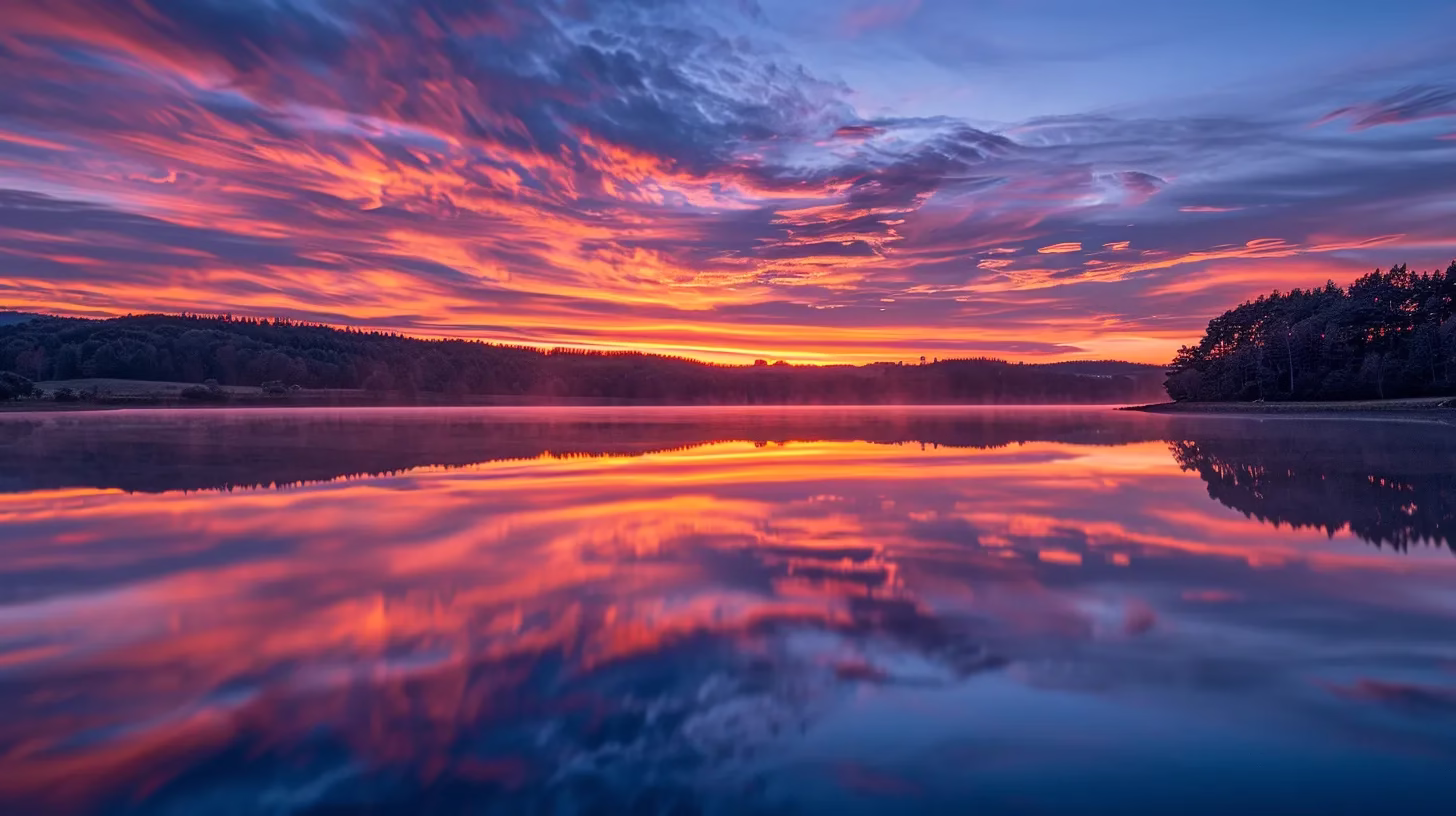 Elevate Your Outdoor Space With Stone Garden Fountains 3 a vibrant sunset casts brilliant hues of orange and pink over a tranquil lake, where the still waters perfectly reflect the colorful sky, creating a serene and captivating atmosphere.