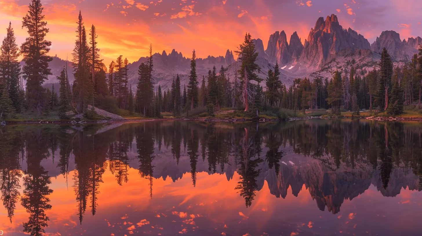 Creative Fountain Small Ideas for Your Backyard Oasis 3 a vibrant sunset casts brilliant hues of orange and pink across a serene lake, with silhouettes of towering pine trees reflecting on the calm water's surface.