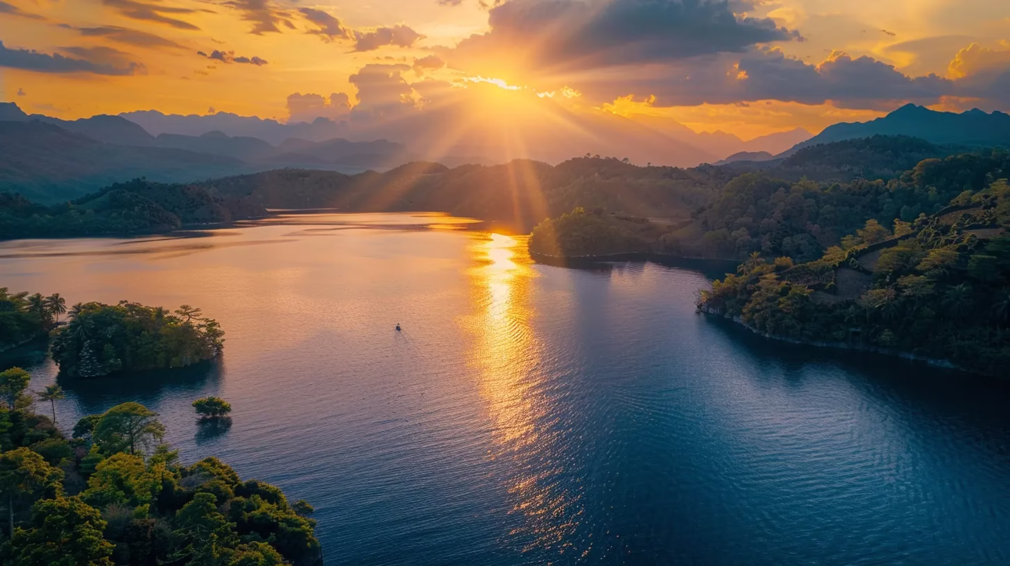 Transform Your Yard With a Stone Water Fountain 3 a vibrant sunset casts golden rays over a serene lake, reflecting the fiery hues of the sky while lush greenery surrounds the tranquil waters.