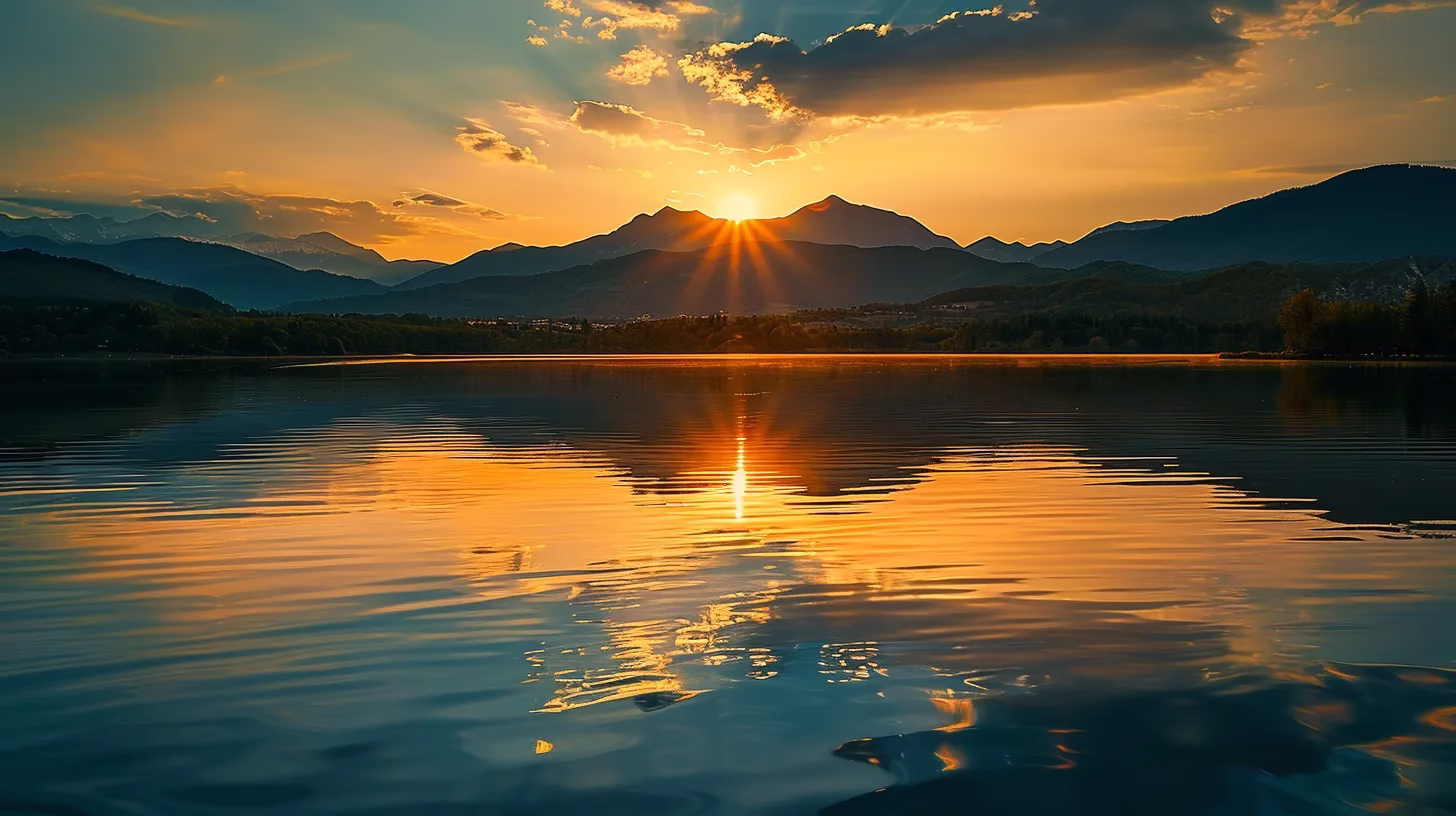 Experience Vegas With Kitchens for Memorable Stays 4 a vibrant sunset casts golden hues over a serene lake, where majestic mountains reflect in its tranquil waters, evoking a sense of peace and wonder.