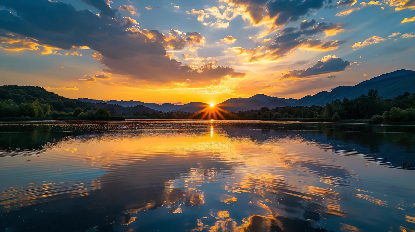Enhance Your Garden With Stone Water Features 6 a vibrant sunset casts golden hues over a tranquil lake, reflecting the silhouetted outlines of lush mountains and a sky filled with swirling clouds.