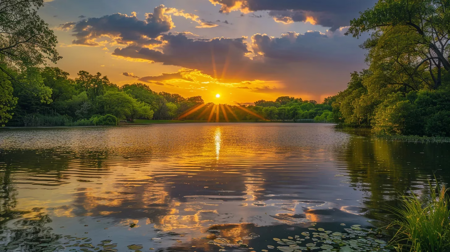 Unique Interior Wall Treatments for Modern Interiors 3 a vibrant sunset casts golden rays over a tranquil lake, where lush greenery reflects softly on the water's surface, creating a serene and picturesque atmosphere.