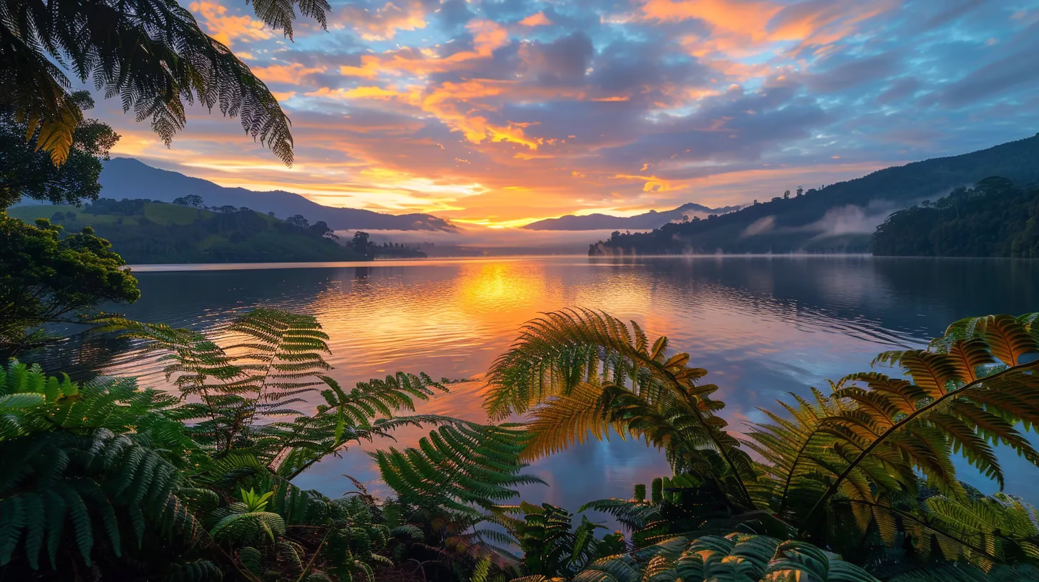 Transform Your Garden With a Stone Wall Fountain 4 a vibrant sunset casts golden hues across a serene lake, reflecting the shimmering colors of the sky while lush greenery frames the tranquil waters.