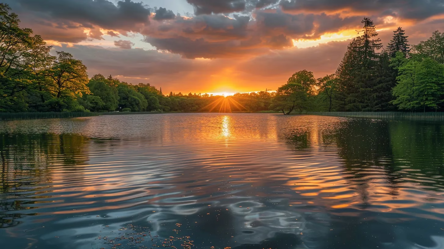 Create a Relaxing Atmosphere With a Pool Fountain 3 a vibrant sunset casts golden hues over a tranquil lake, reflecting the lush greenery of the surrounding forest in serene harmony.