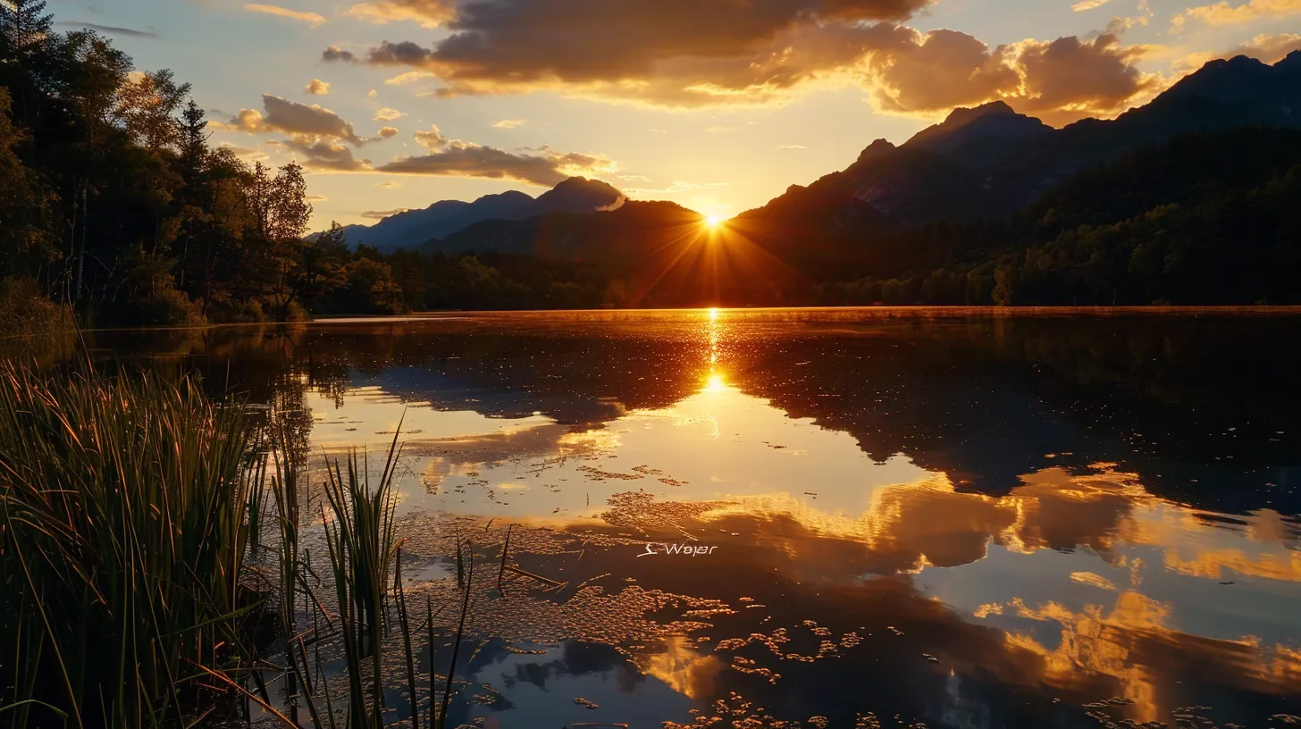 Seasonal Pool Water Care for Optimal Results 4 a vibrant sunset casts golden hues over a serene lake, reflecting the dramatic silhouettes of towering mountains and lush greenery surrounding the water’s edge.