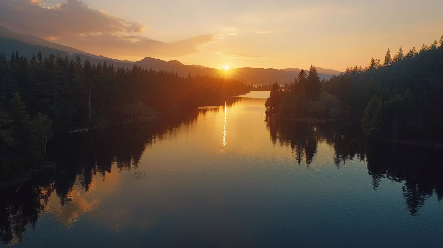 a vibrant sunset casts golden hues over a tranquil lake, reflecting the surrounding lush forests and creating a serene atmosphere.