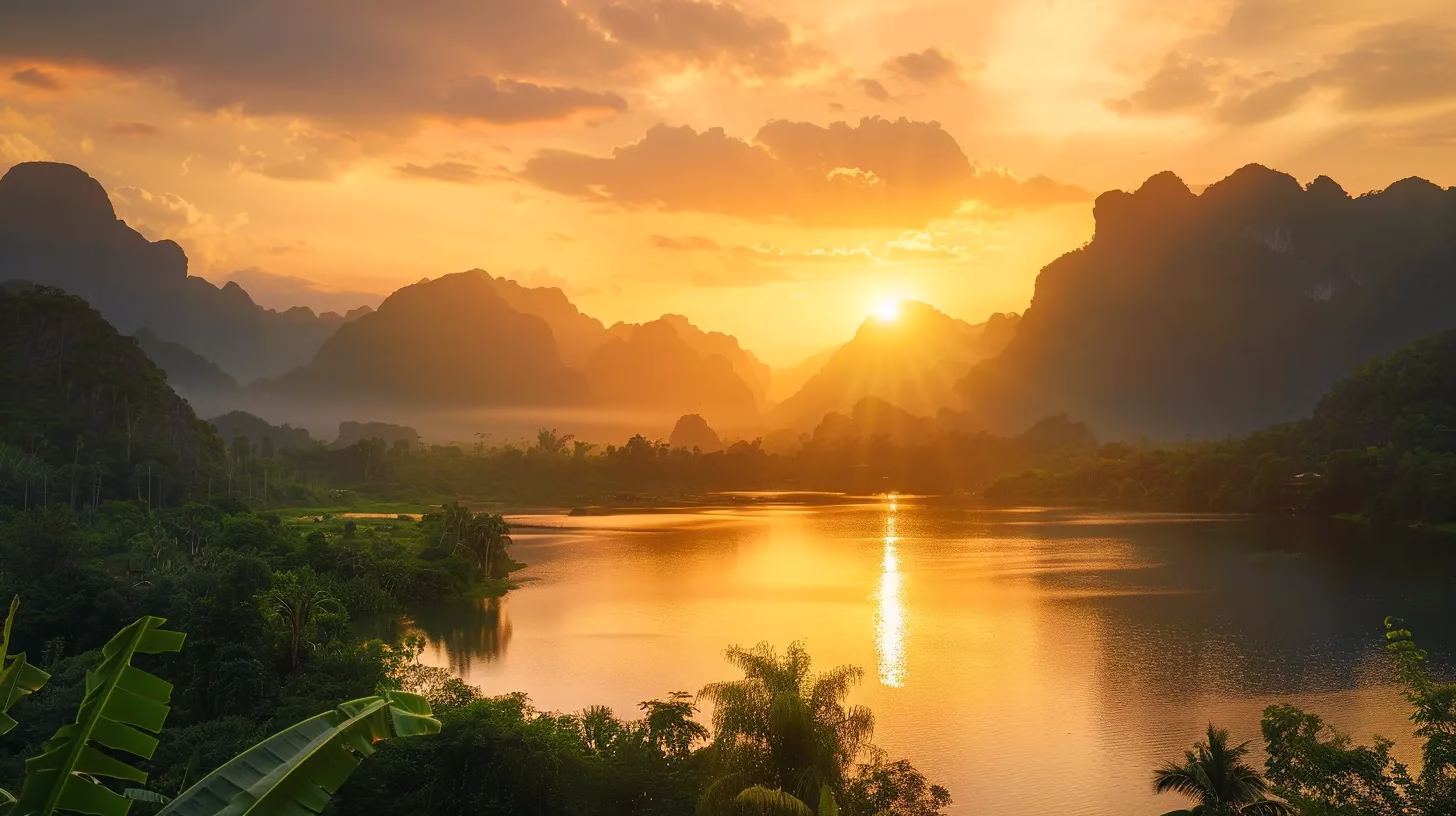 Lightweight Outdoor Solutions for Hiking and Camping 4 a vibrant sunset casts golden hues over a tranquil lake, surrounded by silhouetted mountains and lush greenery, evoking a sense of peace and serenity.