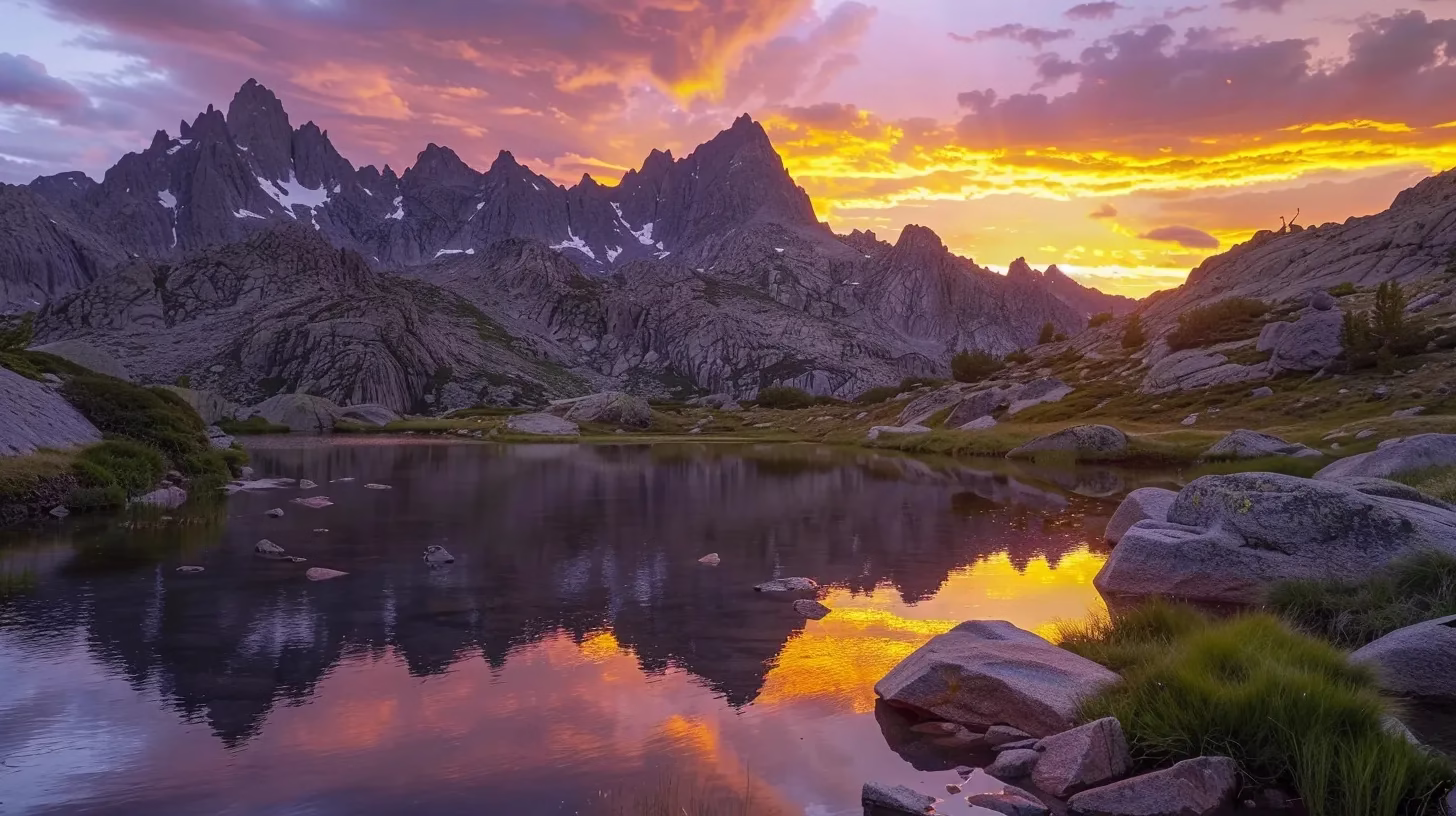 Captivating Fountain Water Designs for Family Gatherings 3 a vibrant sunset casts golden hues over a tranquil lake, where jagged mountain silhouettes rise dramatically against the colorful sky, creating a breathtaking reflection on the water's surface.