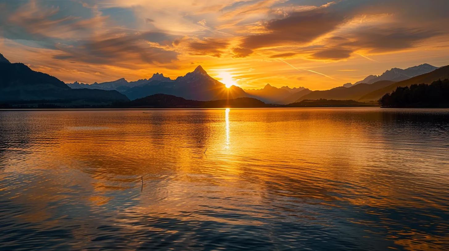 How LED Water Transforms Hydration Experiences 5 a vibrant sunset casts golden hues over a tranquil lake, where crystal-clear waters reflect the majestic silhouette of distant mountains, creating a serene and captivating atmosphere.