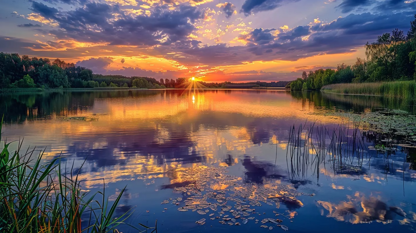 Creating Tranquility: Water Feature Inside Your Home 1 a vibrant sunset casts golden hues over a serene lake, perfectly reflecting the colorful sky and surrounding lush greenery, creating a tranquil and picturesque scene.