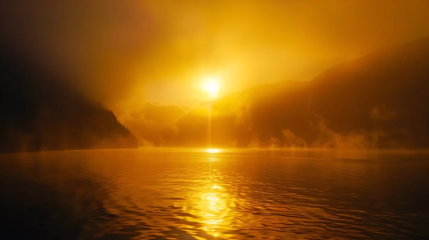Ways to Brighten Up Your Small Wall Spaces 3 a vibrant sunset casts golden hues over a serene lake, where mist lingers softly above the water's surface, reflecting the ethereal colors of the sky.