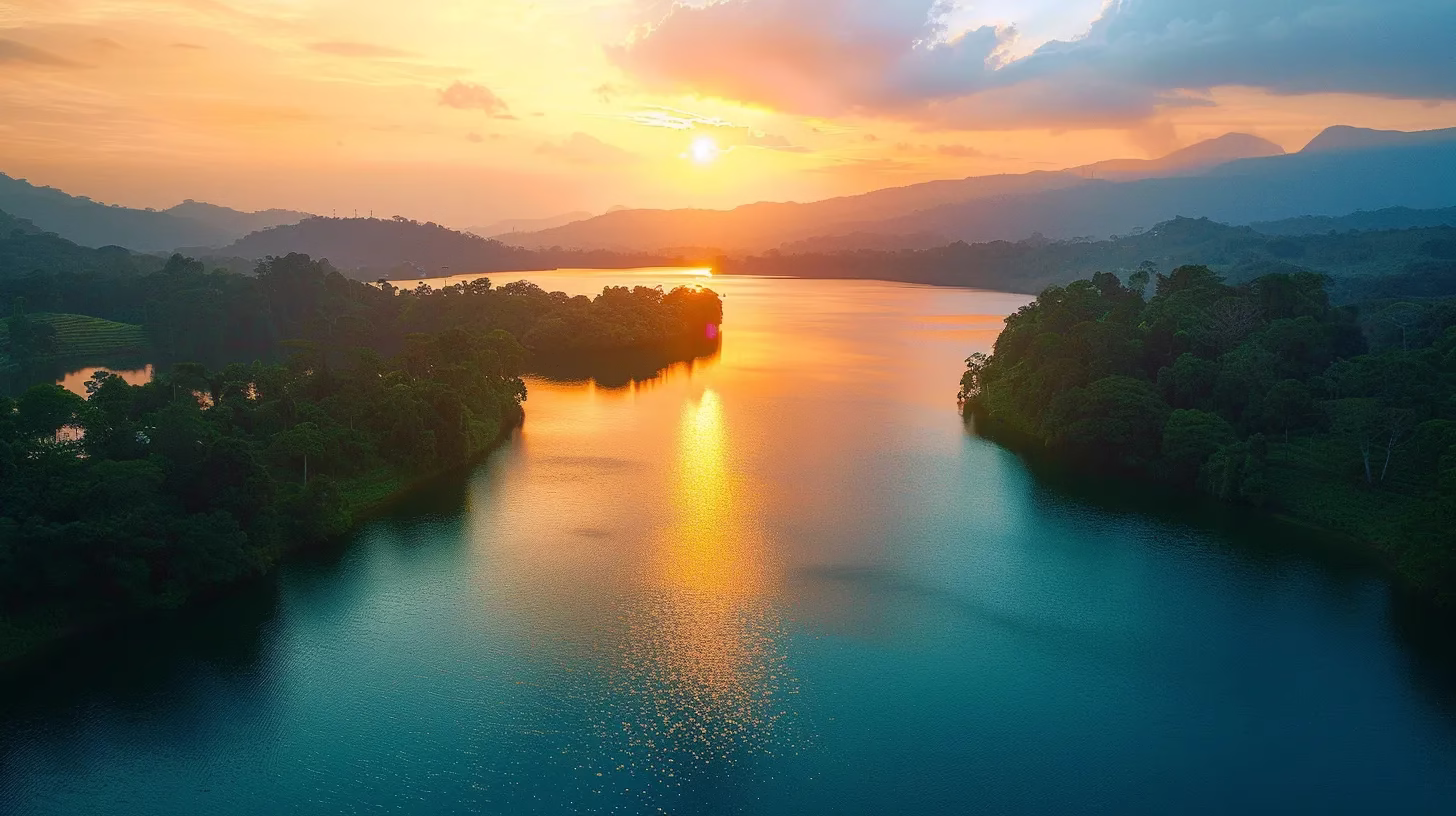 a vibrant sunset casts golden hues over a tranquil lake, reflecting the fiery sky amidst lush greenery, creating a serene and captivating natural landscape.