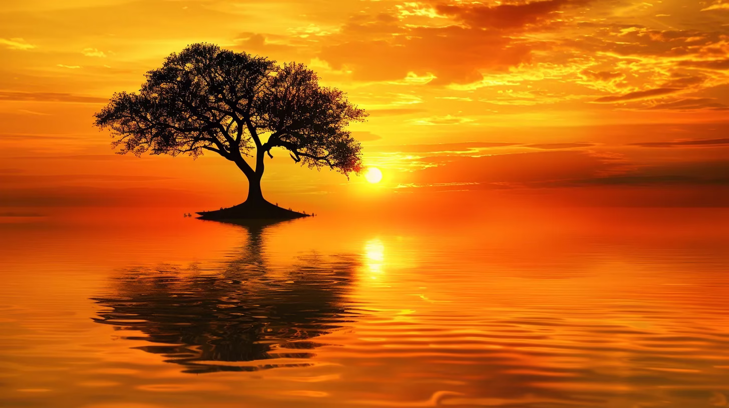 Stylish Garden Decor Options to Reflect Your Personality 2 a vibrant sunset casts golden hues over a tranquil lake, reflecting the silhouette of an ancient tree standing majestically at the water's edge.
