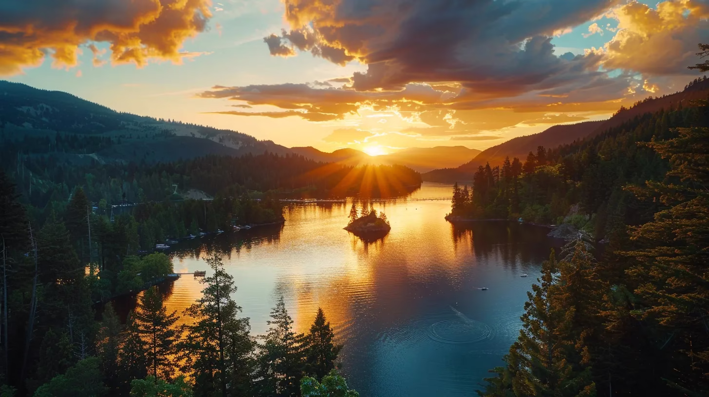 Creating Stunning Visuals With a Copper Garden Theme 5 a vibrant sunset casts golden hues over a tranquil lake, reflecting the fiery sky and surrounding lush, green mountains, creating a serene atmosphere of natural beauty.
