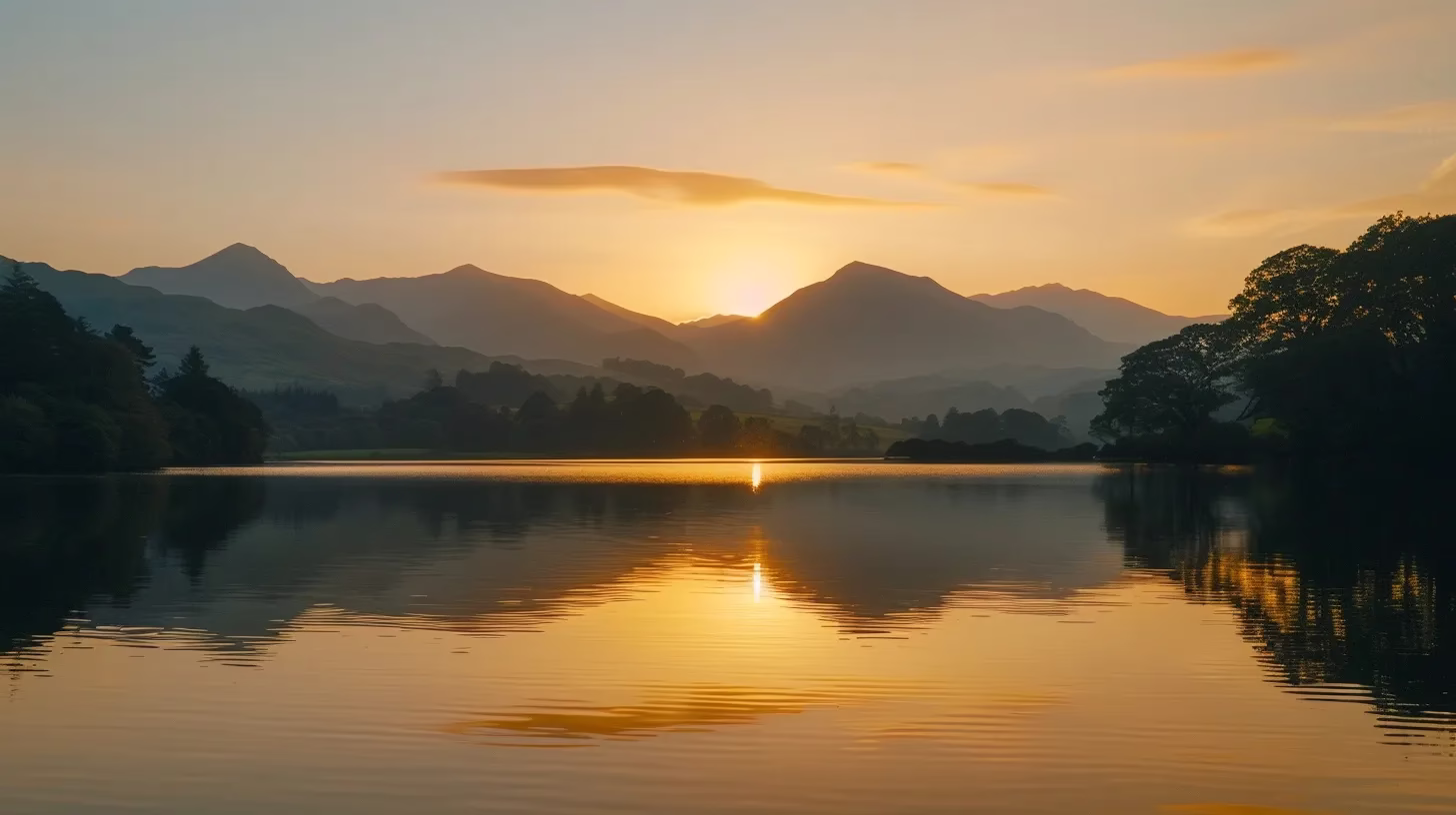 Affordable Fountain Outdoor for Sale for Garden Makeovers 4 a vibrant sunset casts golden hues over a tranquil lake, with silhouetted mountains rising majestically in the background, creating a serene and breathtaking atmosphere.
