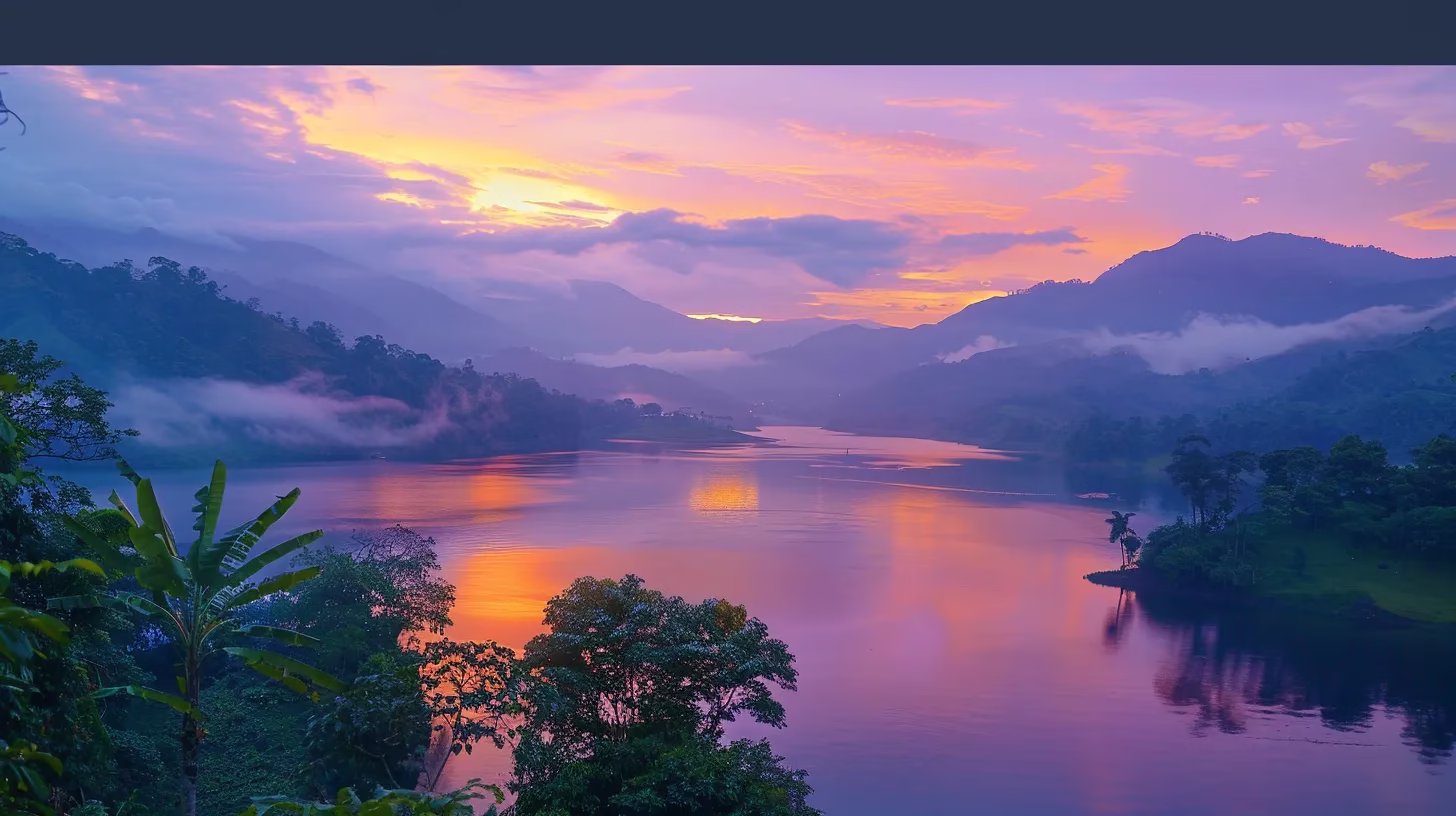 Finding the Perfect Indoor Mirror for Your Home 4 a vibrant sunset illuminates a serene lakeside landscape, with rippling water reflecting the brilliant oranges and purples of the sky, surrounded by lush greenery and distant, misty mountains.