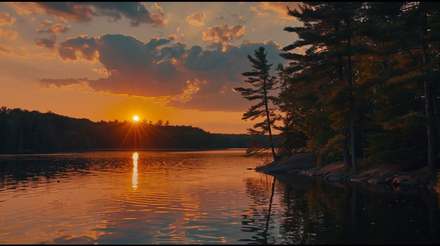 The Ultimate Guide to Buy Waterfall Wall Art 1 a vibrant sunset illuminates a serene lakeside landscape, casting rich reflections on the water's surface while silhouetting towering pine trees against a palette of fiery oranges and deep purples.