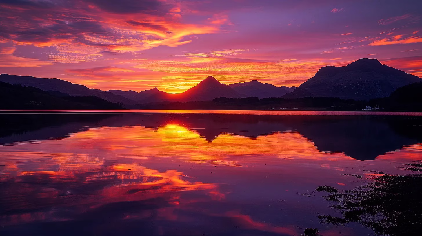 Experience Vegas With Kitchens for Memorable Stays 5 a vibrant sunset over a tranquil lake, with fiery orange and purple hues reflecting on the glassy water, surrounded by silhouettes of majestic mountains.