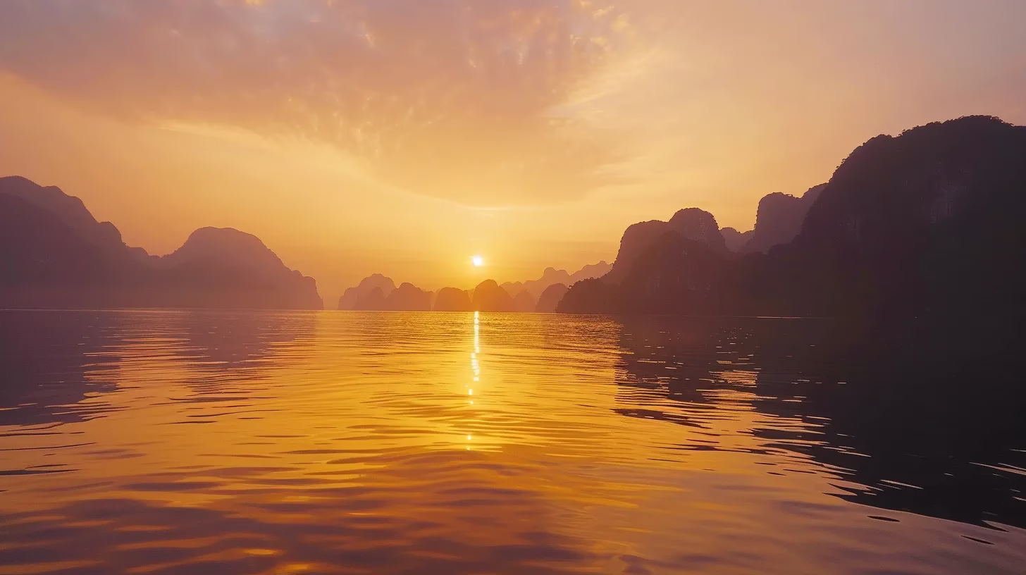 Enhance Your Garden With Stone Water Features 1 a vibrant sunset over a serene lakeside, with golden rays reflecting off the tranquil water and silhouettes of towering mountains in the background.