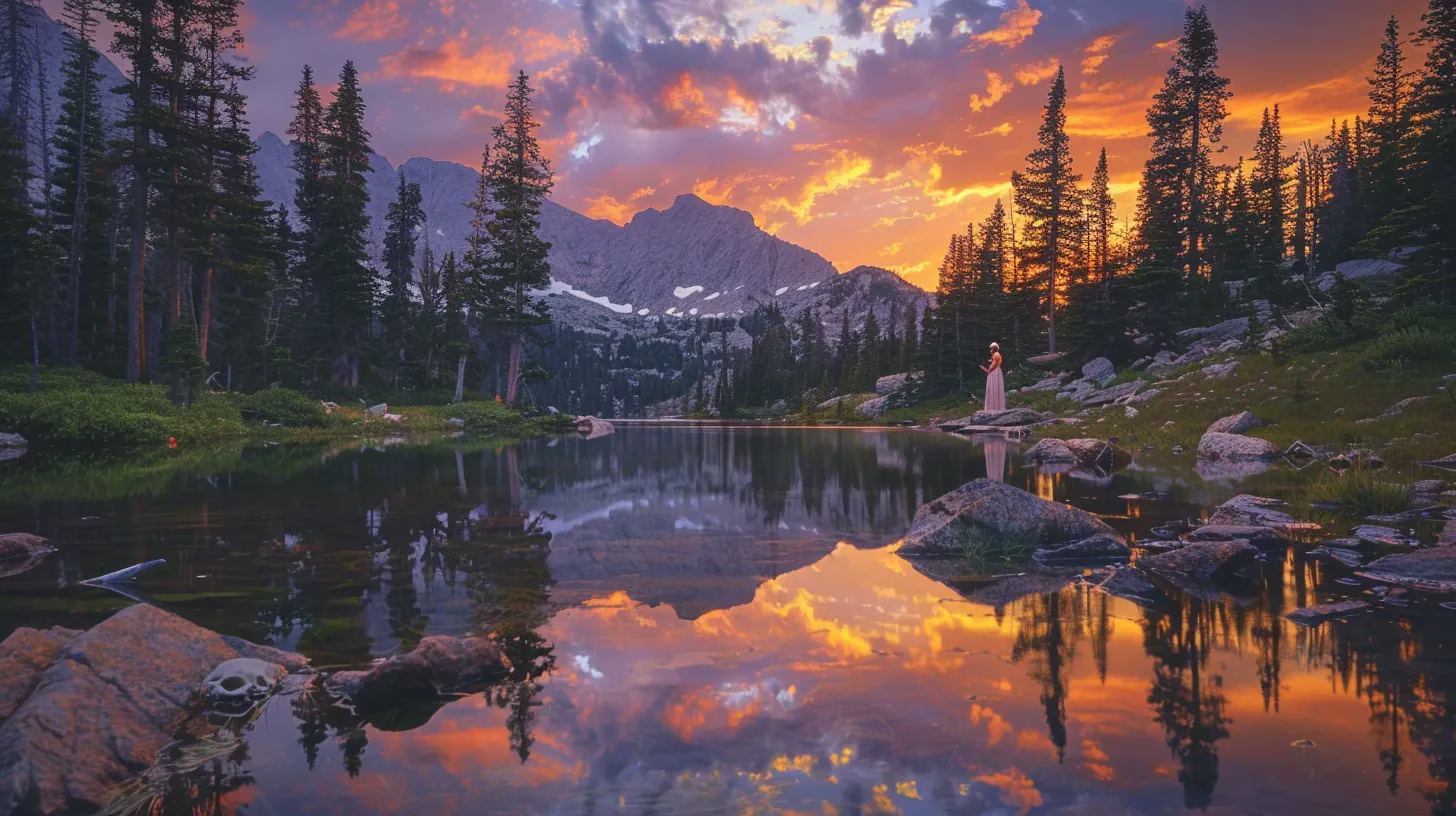 The Beauty of Stone: A Timeless Material for Design 4 a vibrant sunset paints the sky with hues of orange and purple, casting a golden glow over a serene lake surrounded by towering pine trees, creating a tranquil reflection in the still water.