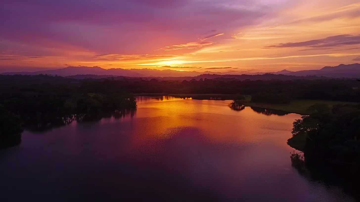 Elevate Your Interior With Trendy Lighting Solutions 6 a vibrant sunset paints the sky in hues of orange and purple, casting soft shadows over a tranquil lake surrounded by lush greenery.