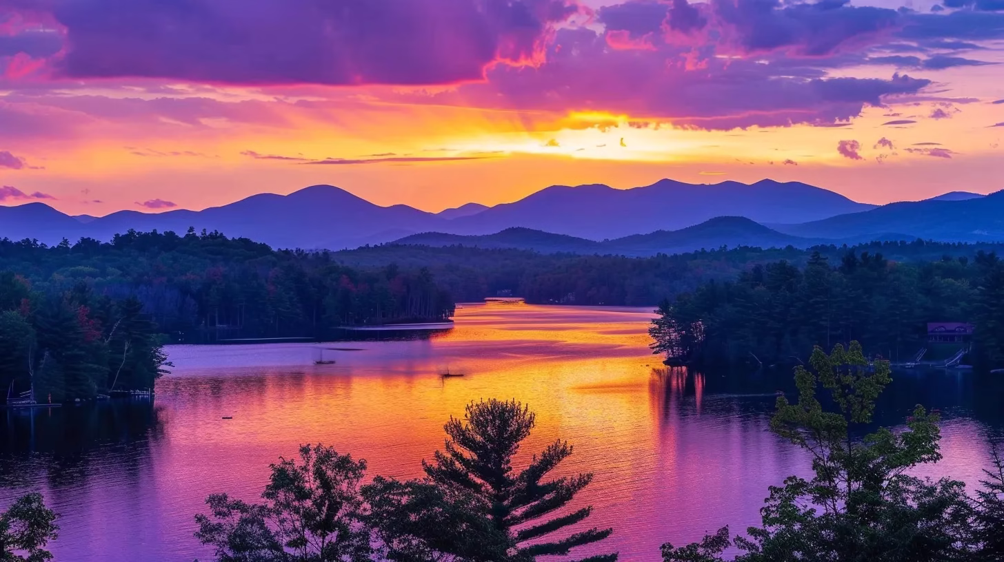 Interior Water Feature Ideas for Serene Living Spaces 2 a vibrant sunset paints the sky in rich hues of orange and purple, casting a warm glow over a tranquil lake, where silhouettes of distant mountains rise majestically against the horizon.