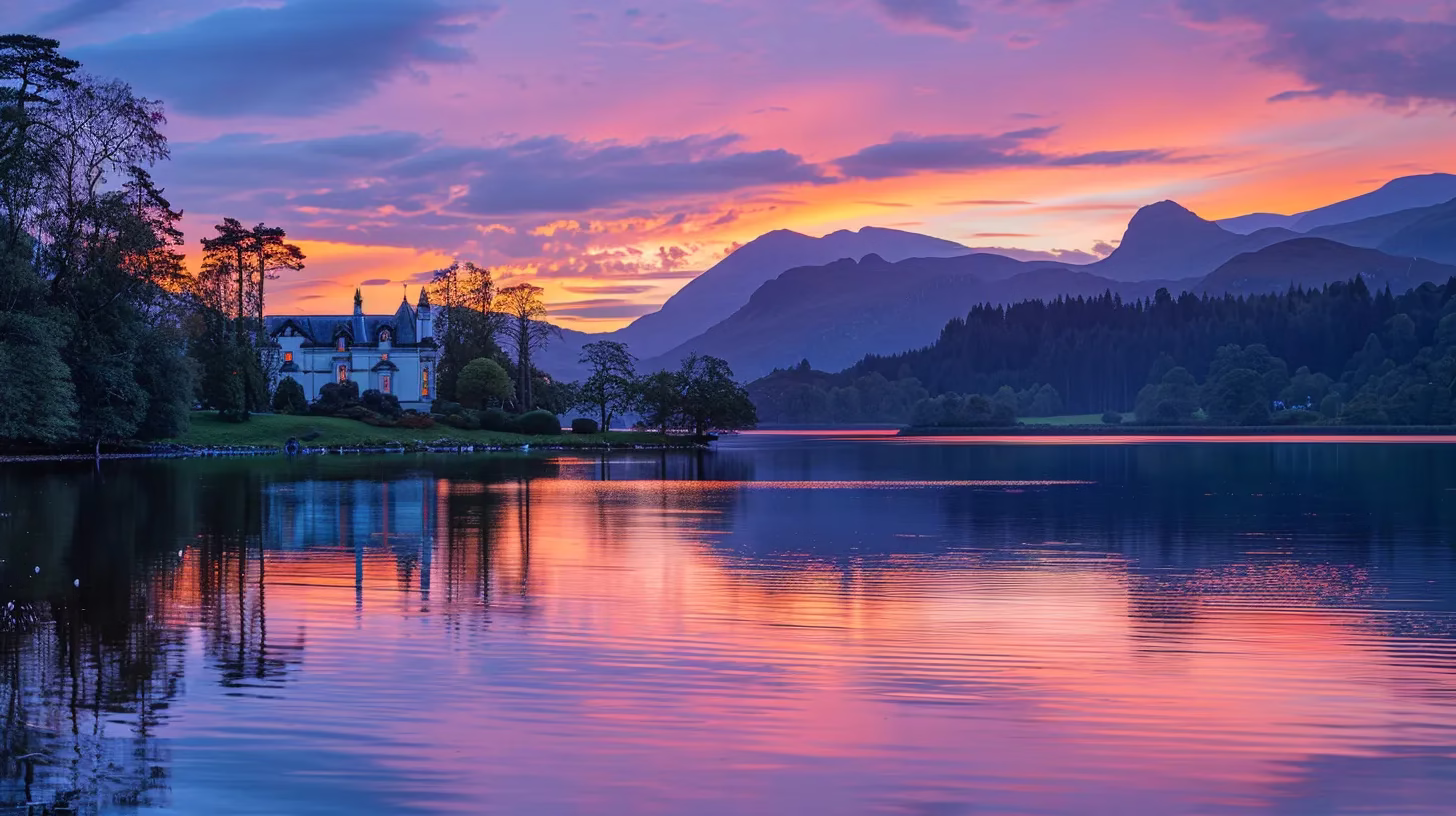 Stylish Indoor Stone Ideas for Modern Homes 3 a vibrant sunset paints the sky in cascading hues of orange and purple above a serene lake, reflecting the majestic silhouette of surrounding mountains.